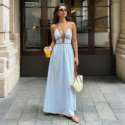 Stylish Striped Women's Dress - Deep V-Neck Backless Summer Maxi Dress 0