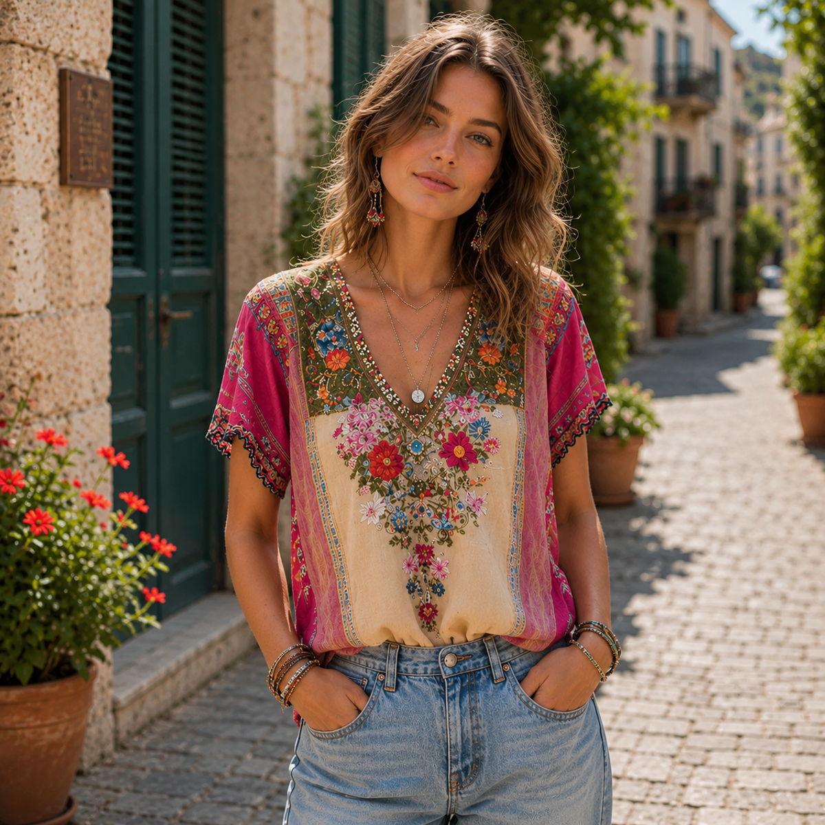 Effortless Boho V-Neck Tee for Casual and Weekend Wear