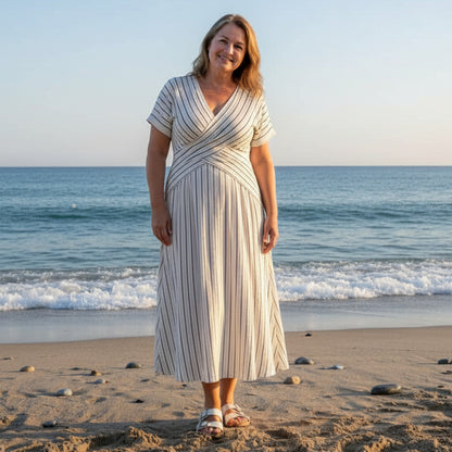 Striped Midi Dress With Cross Waist and V-Neck