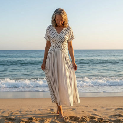 Striped Midi Dress With Cross Waist and V-Neck