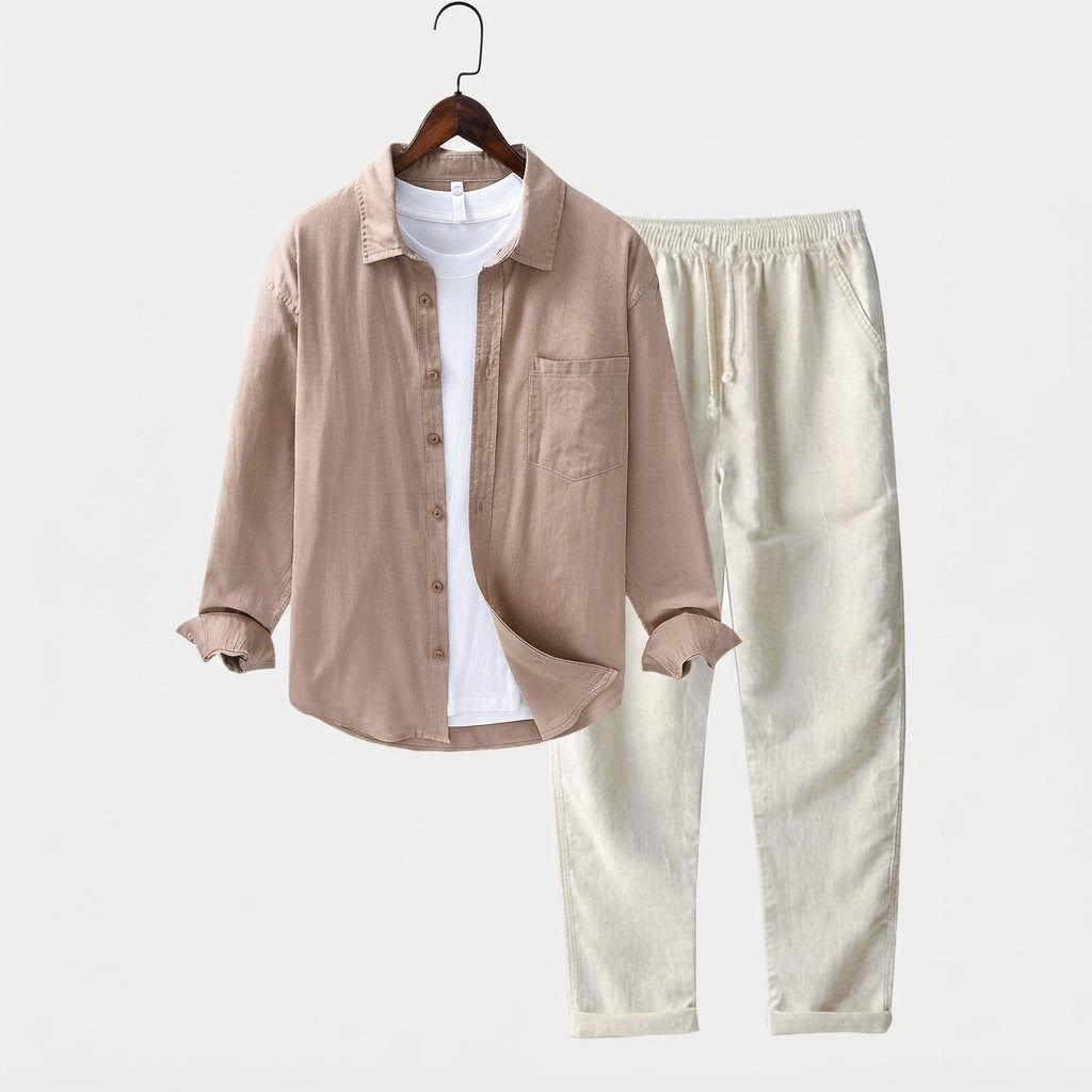 Relaxed Button Front Shirt Matching Pants Two-Piece Set