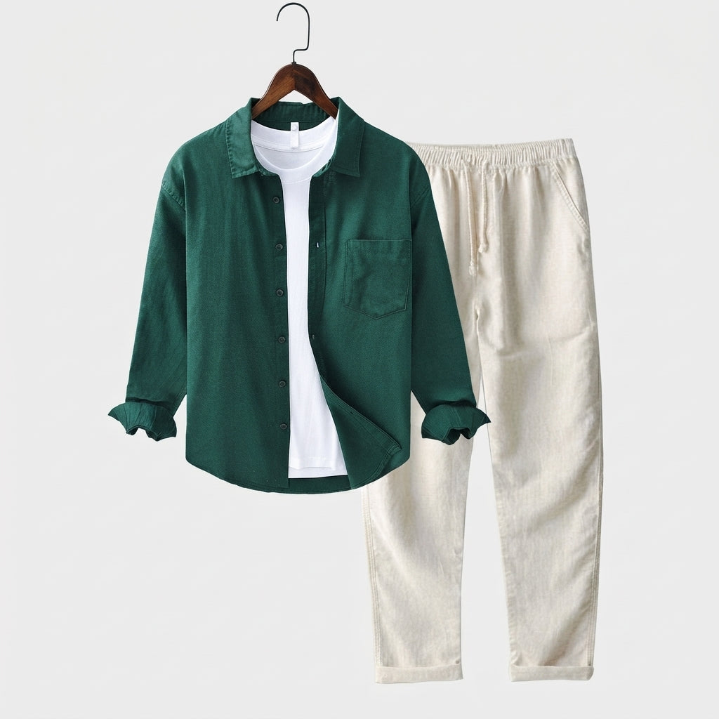 Relaxed Button Front Shirt Matching Pants Two-Piece Set