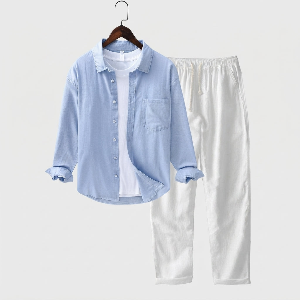 Relaxed Button Front Shirt Matching Pants Two-Piece Set