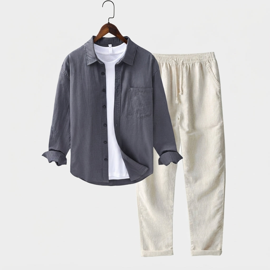 Relaxed Button Front Shirt Matching Pants Two-Piece Set