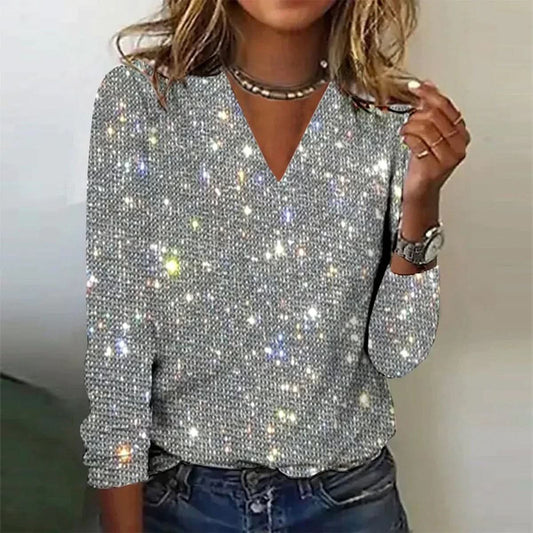 V-Neck Women's Sweater with Sparkling Sequin Detail for Autumn Elegance 0