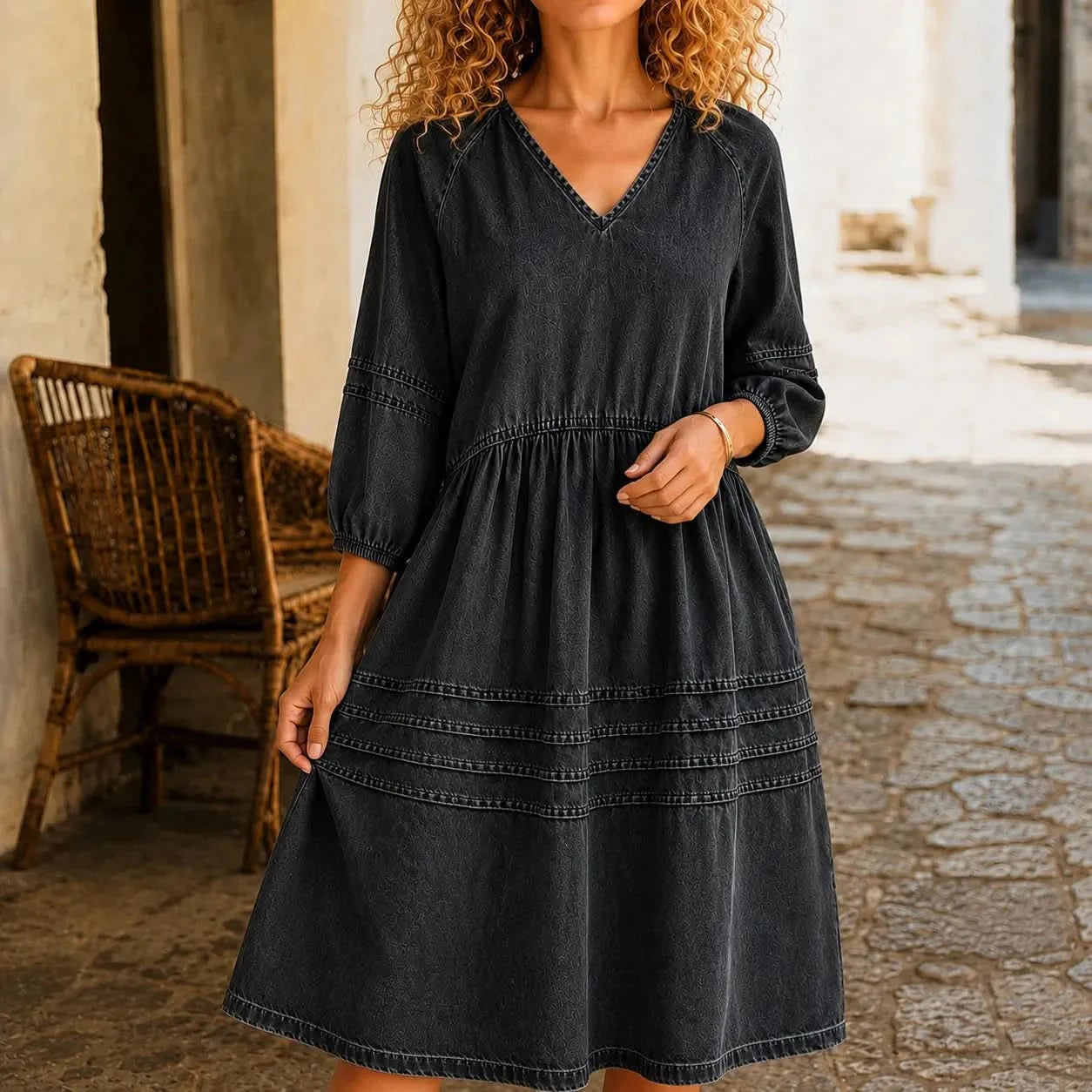 V-Neck Puff Sleeve Babydoll Midi Dress