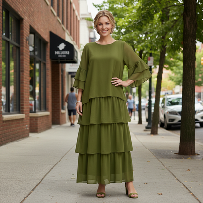Relaxed Tiered Maxi Dress with Round Neck