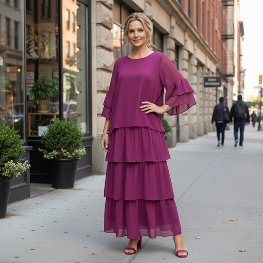 Relaxed Tiered Maxi Dress with Round Neck