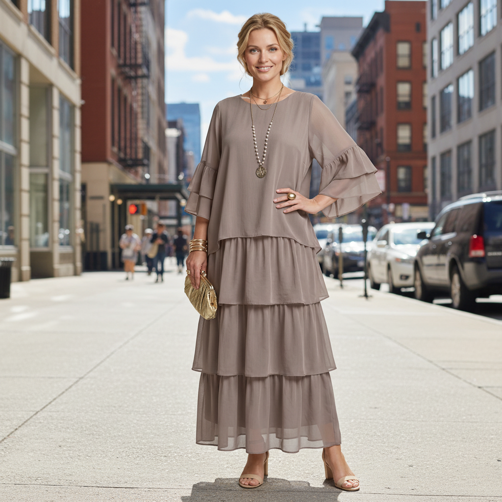 Relaxed Tiered Maxi Dress with Round Neck