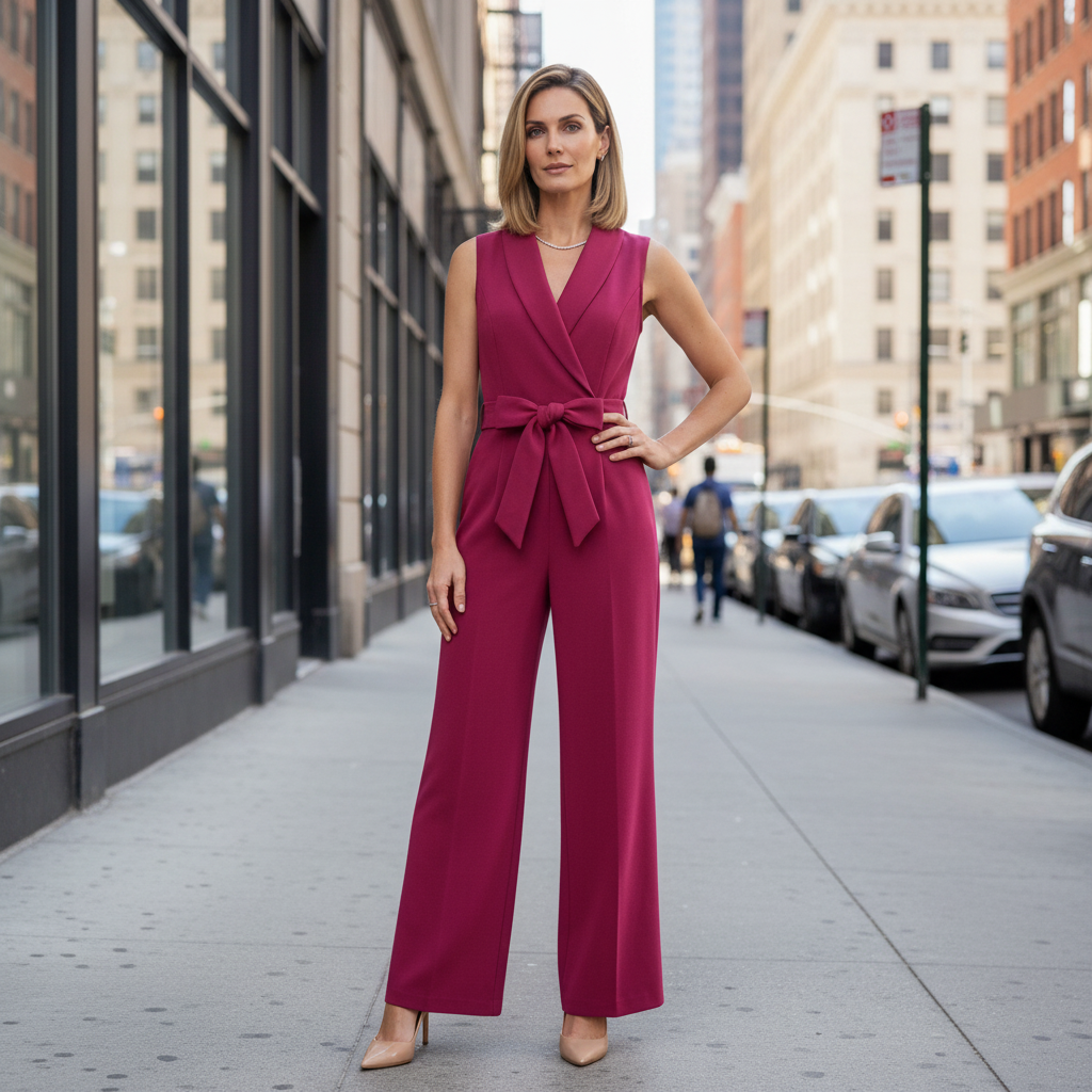 Wide-Leg Tie-Waist Jumpsuit with V-Neck