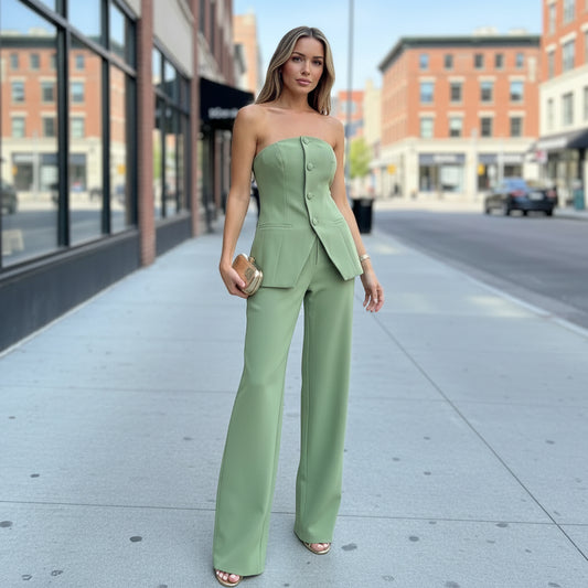 Strapless Wide-Leg Co-Ord with Button Detail