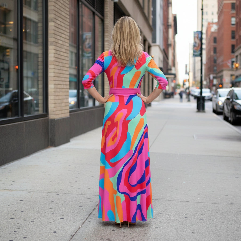 Abstract Print V Neck Maxi Dress