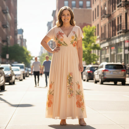 V-Neck Pleated Maxi Dress in Floral Print