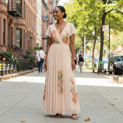 V-Neck Pleated Maxi Dress in Floral Print