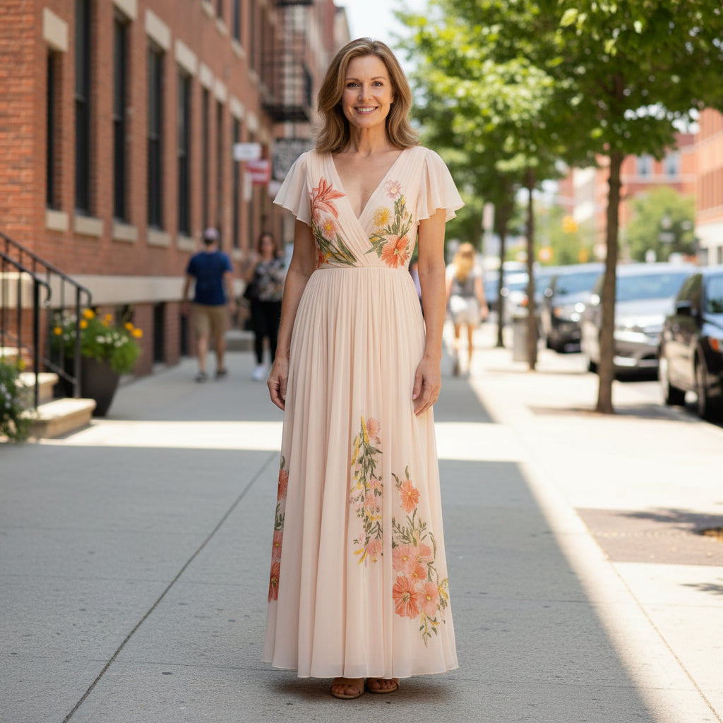 V-Neck Pleated Maxi Dress in Floral Print