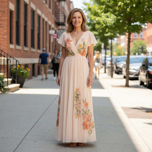V-Neck Pleated Maxi Dress in Floral Print