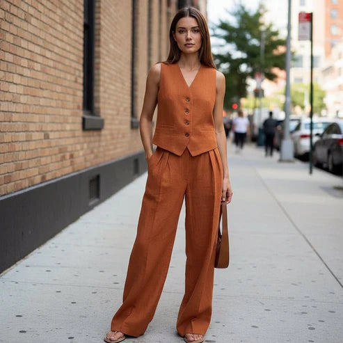 Wide Leg Trouser Set With Button Vest