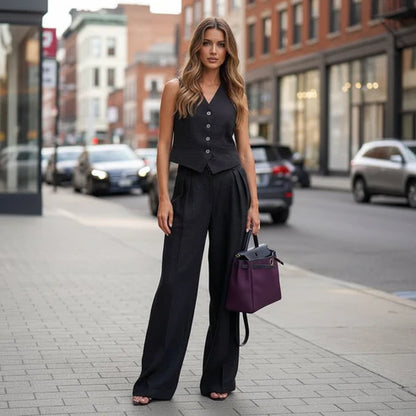 Wide Leg Trouser Set With Button Vest