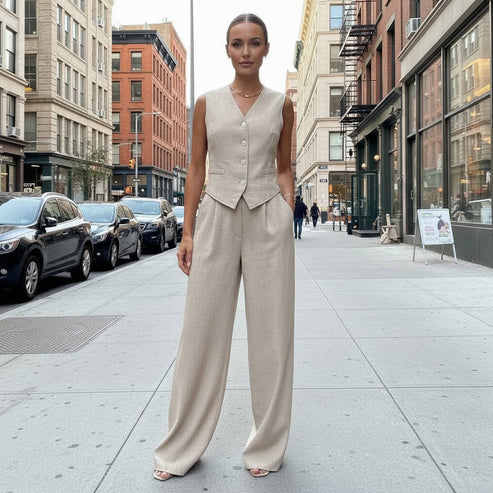 Wide Leg Trouser Set With Button Vest
