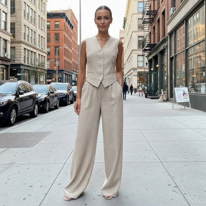Wide Leg Trouser Set With Button Vest