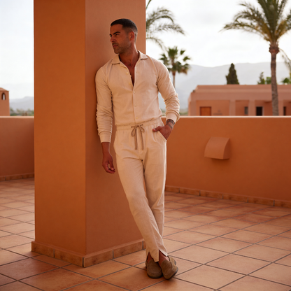 Men's Two-Piece Button-Up & Drawstring Pant Set