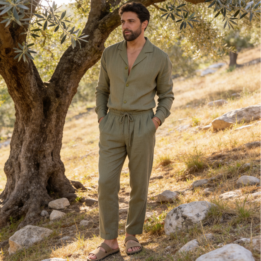 Men's Two-Piece Button-Up & Drawstring Pant Set