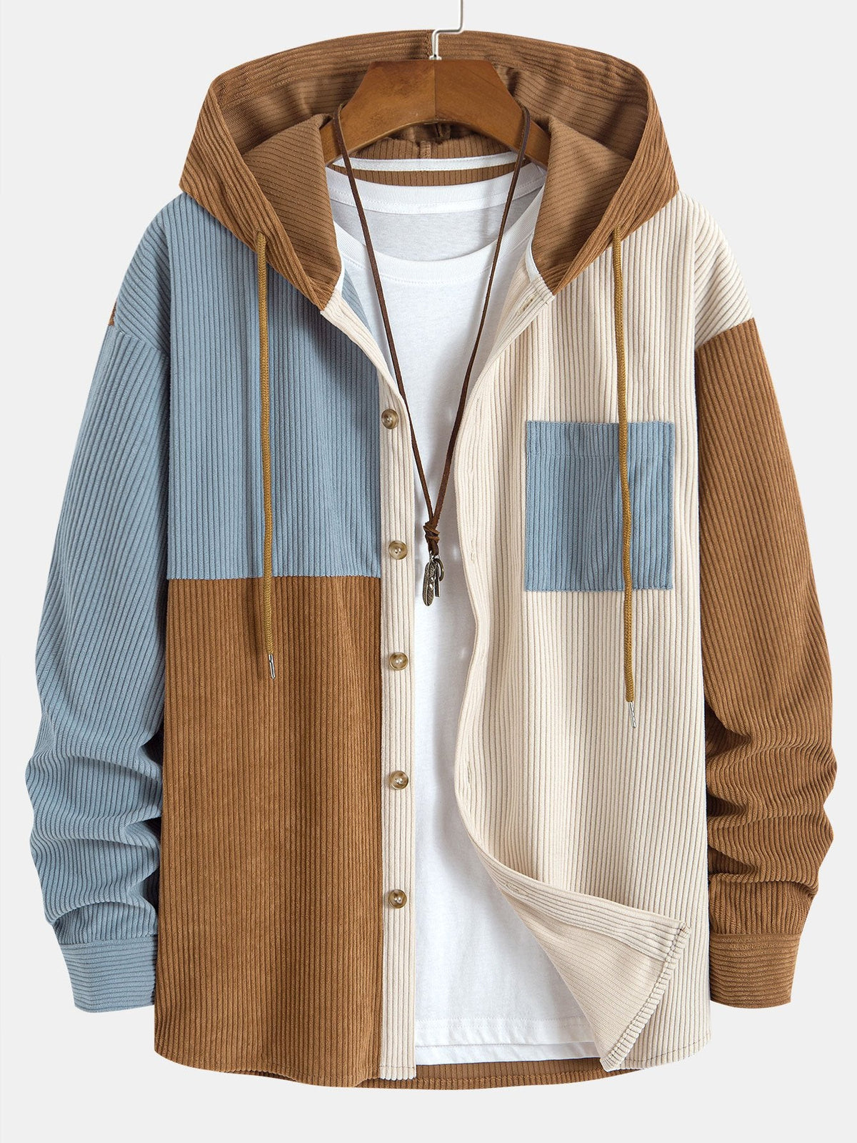 Patchwork Hooded Button Front Casual Jacket