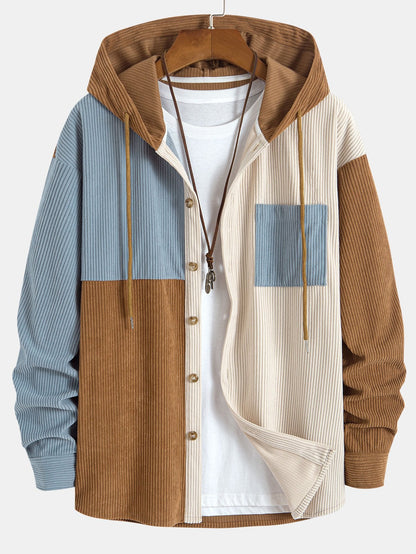 Patchwork Hooded Button Front Casual Jacket