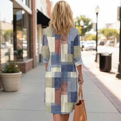 Patchwork Midi Shirt Dress With Button
