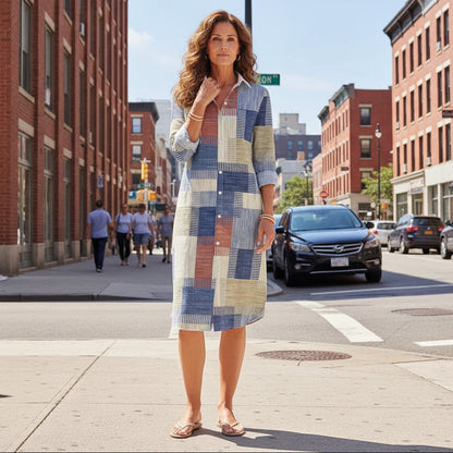 Patchwork Midi Shirt Dress With Button