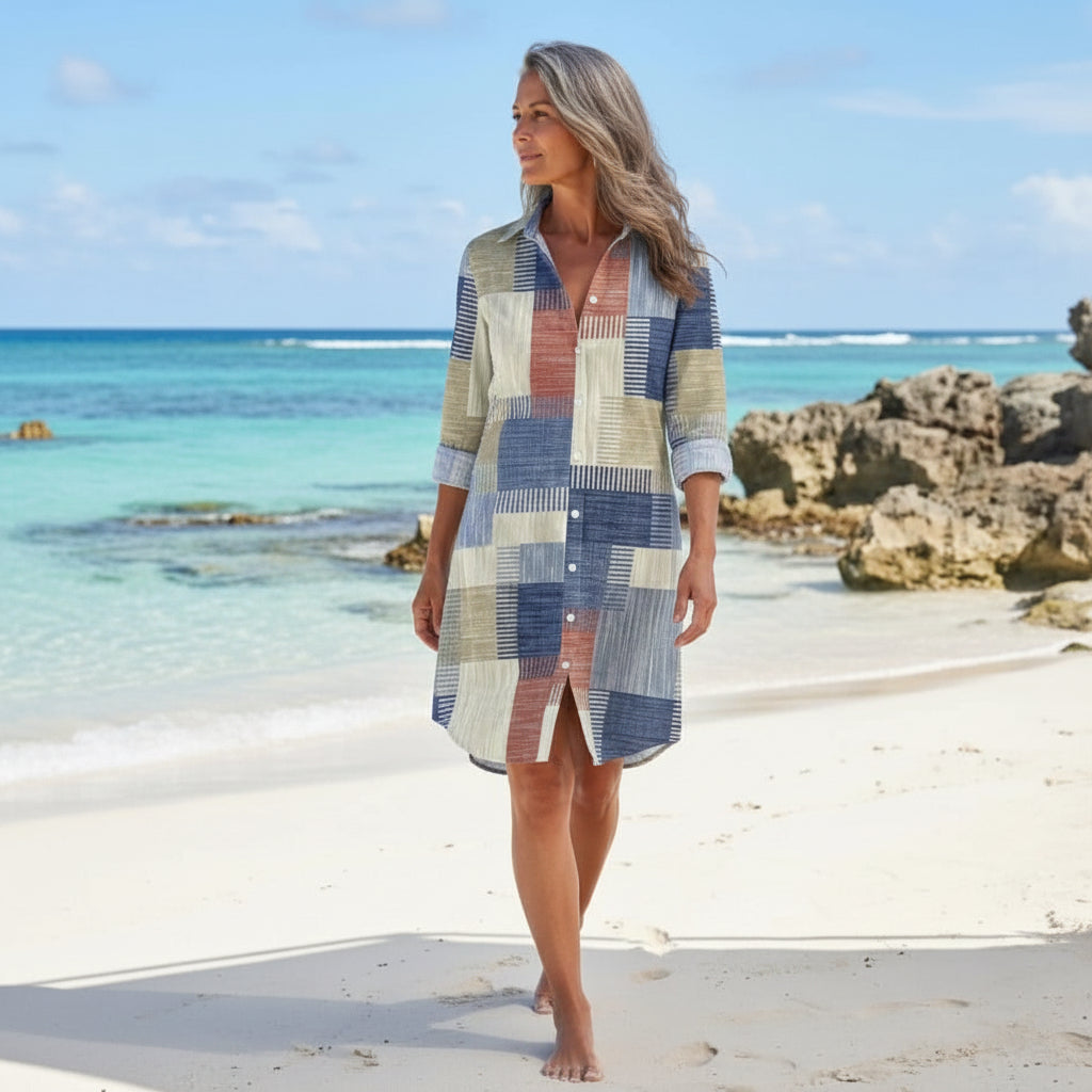 Patchwork Midi Shirt Dress With Button