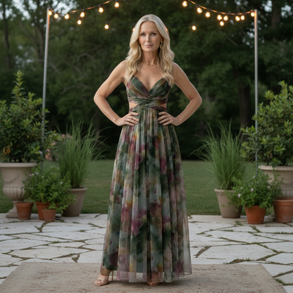 A-Line Maxi Dress with Ruched V-Neck Bodice